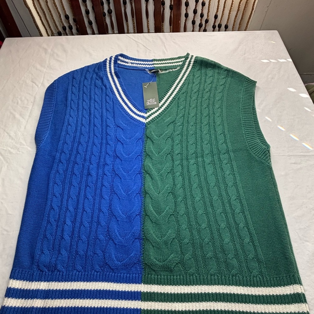 Blue and Green Cable Knit Sweater Vest